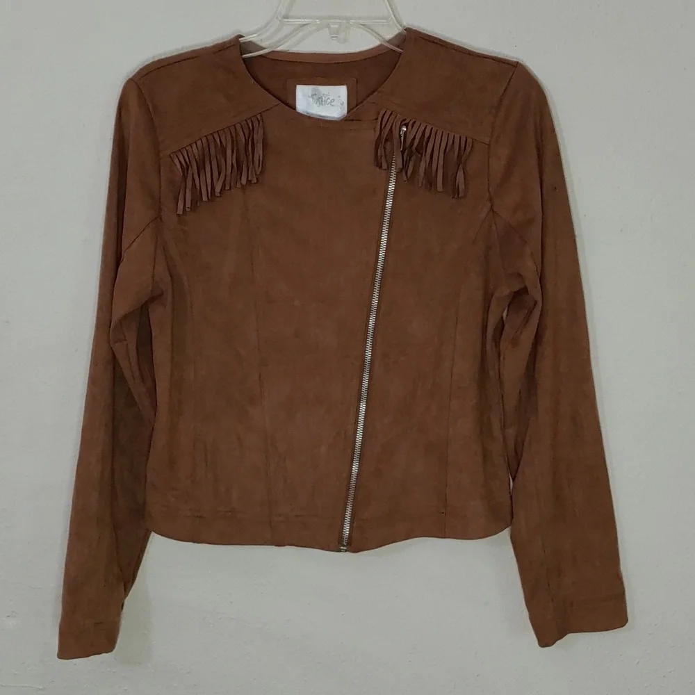 Justice Girls Size 16/18 Faux Leather Jacket with Fringe accents at collar bones